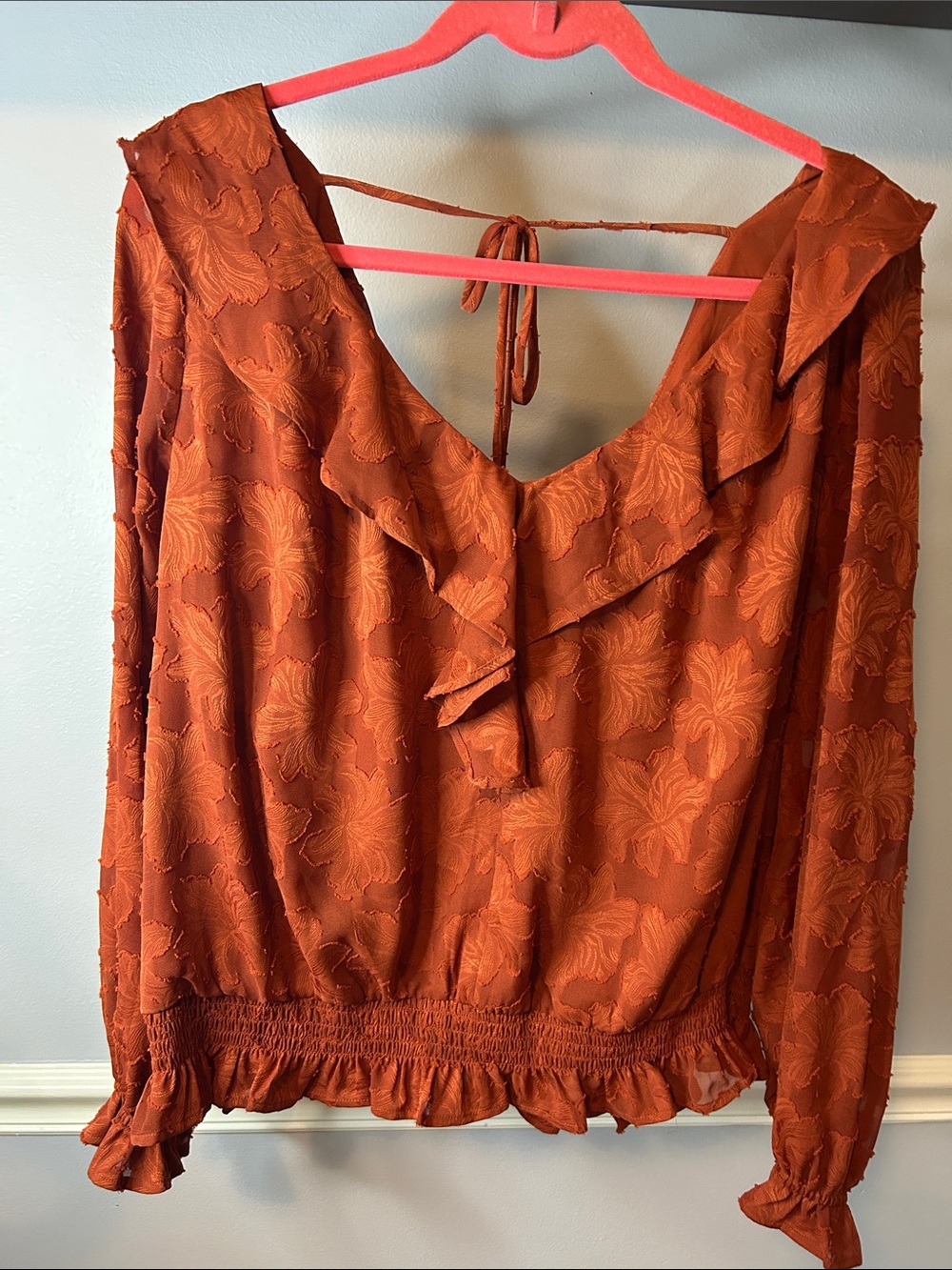 Anthropologie Rust Orange Floral Ruffle V-Neck Blouse